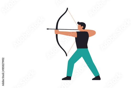 Man in casual clothes aiming with bow and arrow