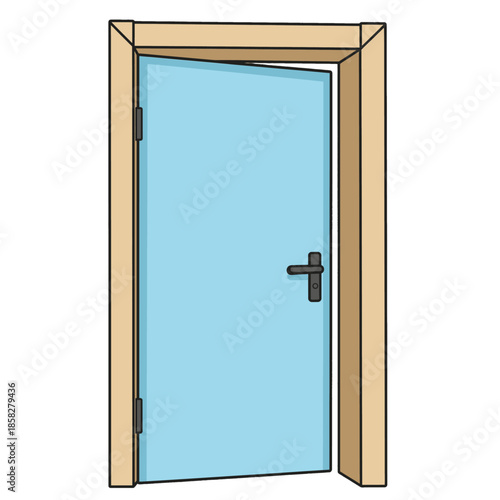 Open wooden door with blue glass panel.