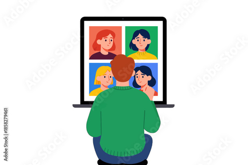 Person in green sweater using laptop for video call