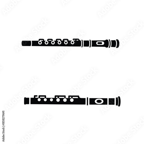 Flute Silhouette Icon Set – Black Woodwind Musical Instrument Vector
