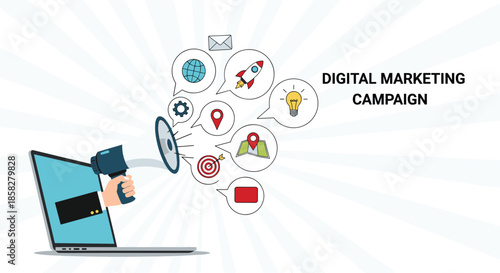 Digital marketing campaign concept showing a hand holding a megaphone emerging from a laptop screen with various social media icons.
