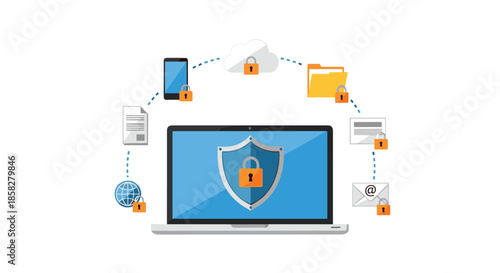 Cybersecurity and data protection concept featuring a laptop with a shield icon surrounded by various locked digital communication symbols.