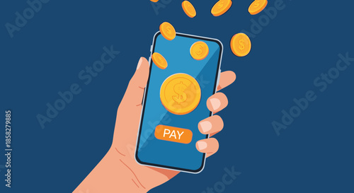 Mobile payment and digital finance concept showing a hand holding a smartphone with gold coins falling towards the pay button.