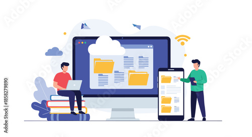 Cloud computing and data storage concept with two characters using various mobile devices to access and manage digital folders and files.