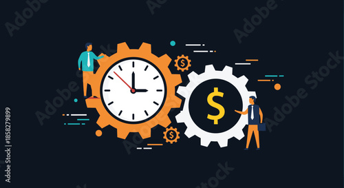 Business operations and efficiency concept featuring tiny people working on large gears representing time and money management.