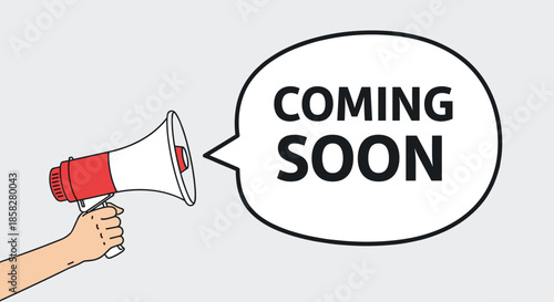 Business announcement and teaser concept featuring a hand holding a megaphone with the message COMING SOON in a speech bubble.