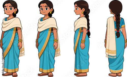 Young Indian Woman Character Turnaround in Blue Saree – Front, Side, Back Views