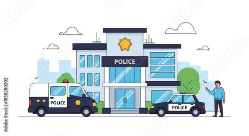Police station and law enforcement concept featuring a station building, emergency vehicles, and a police officer on duty.