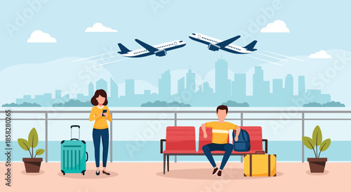 Airport travel and transit concept with passengers waiting in a terminal with suitcases as planes fly over a city skyline.
