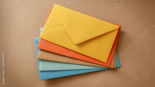 A stack of six colorful envelopes arranged neatly on a flat surface, featuring bright yellow, orange, tan,