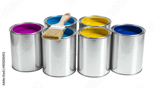 Six open paint cans filled with different colors; brush rests on one, black background