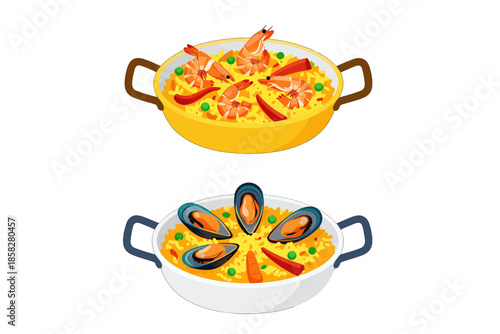 Two bowls of paella with seafood and vegetables.
