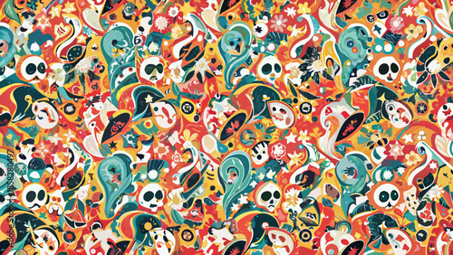 Colorful skulls and floral patterns create a vibrant and playful repeating design