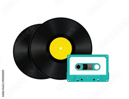 Two Vinyl Records and Retro Cassette Tape