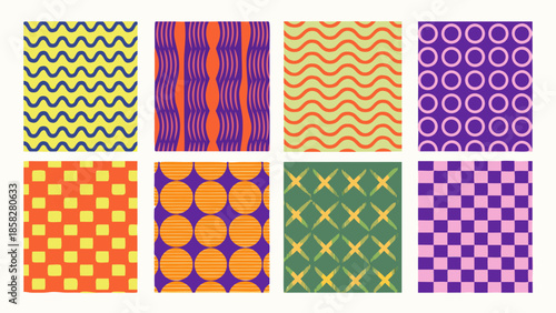 Colorful geometric patterns displayed in a grid arrangement of repeating designs