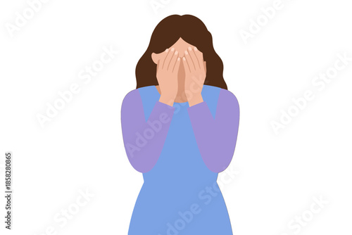 Woman in blue dress covering her face with hands