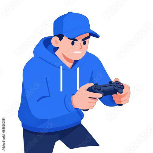 Young man in blue hoodie playing video games