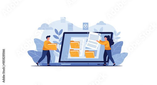 Tiny characters organizing digital files and documents into folders on a large laptop screen representing data management.