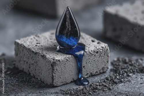 Shiny Blue and Black Viscous Fluid Dripping Over Gray Square Stone Under Studio Lighting on Gray Background