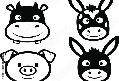 Collection of cute farm animal face icons featuring a smiling cow pig and donkey silhouettes for nursery decor and children graphic design.