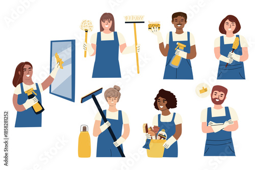 Cartoon cleaning company staff in uniforms set. Vector illustration isolated. Office and home workers for housework design. Cartoon woman and men in different ethnicity with cleaning tools.