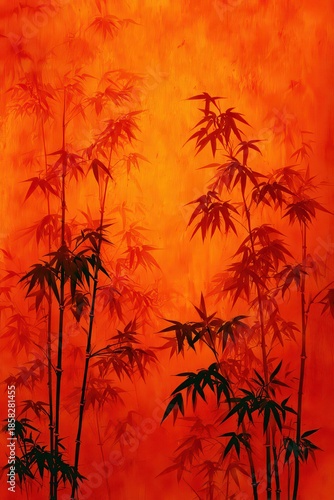 Stylized Bamboo Silhouette Illustration on Textured Orange Backdrop with Plant Silhouettes and Vibrant Warm Tone, Digital Art
