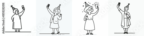 vector line art grandmother stand taking selfie photo at new year party