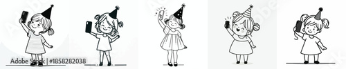 vector line art little girl stand taking selfie photo at new year party