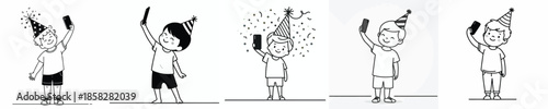 vector line art little boy stand taking selfie photo at new year party