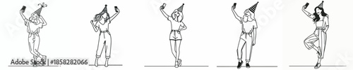 vector line art woman stand taking selfie photo at new year party