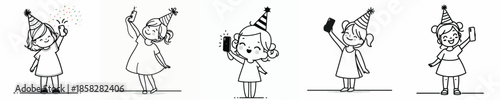 vector line art little girl stand taking selfie photo at new year party