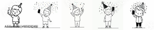 vector line art little boy stand taking selfie photo at new year party