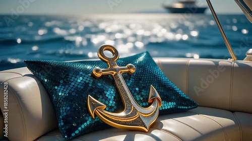 Luxurious Yacht Deck Scene with Blue Blanket and Anchor Ornament.