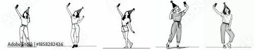 vector line art woman stand taking selfie photo at new year party