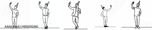 vector line art man stand taking selfie photo at new year party