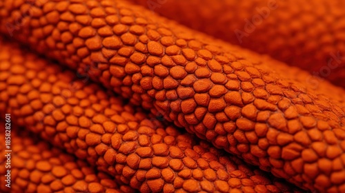 Close-up of symmetrical orange corn kernels with textured snake-skin surface, arranged in multiple neat rows.