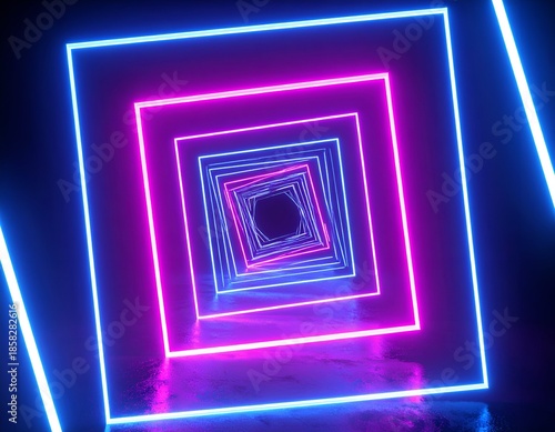 Abstract digital rendering with glowing blue and magenta squares creating a tunnel effect