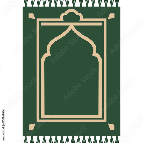 Green Islamic Prayer Rug with Central Arch Design, Intricate Detailing, and Tassels for Muslim Prayers