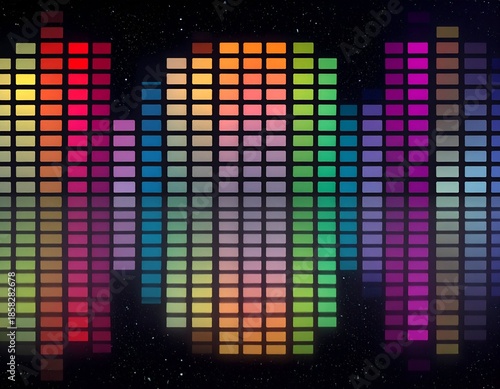 Abstract digital sound wave graphic with colorful rectangular blocks against a starry space background