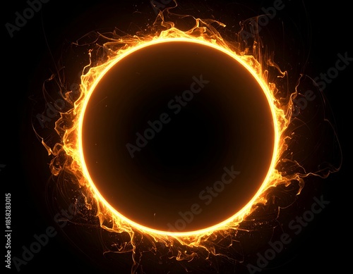Abstract fiery ring of light glowing in a darkened setting, surrounded by chaotic orange flares
