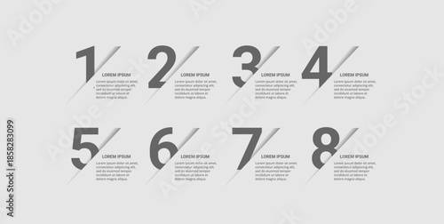 Numbered list template with eight steps and placeholder text for infographics and presentations.