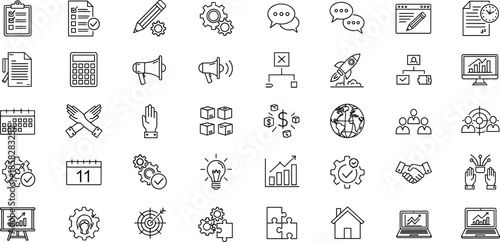 Business management icons set, project planning symbols, corporate strategy tools, marketing and productivity icons, financial growth charts, and office communication elements