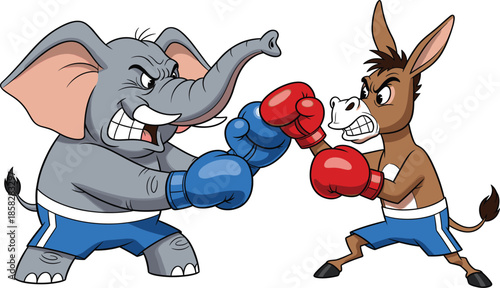 Cartoon illustration of elephant and donkey boxing match representing republican and democrat political rivalry for united states election campaign and voting concept,