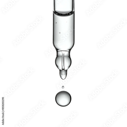 A glass dropper, suspended against black, dispenses a single drop