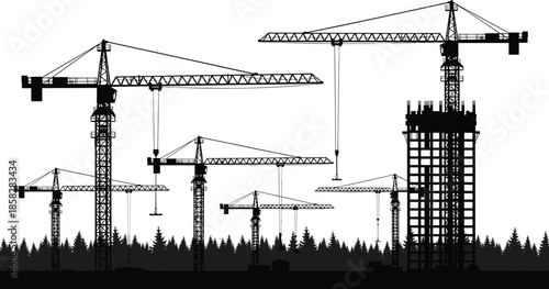 Construction cranes silhouette set, heavy lifting equipment at building site, urban development project, industrial machinery, skyscraper architecture, and engineering work