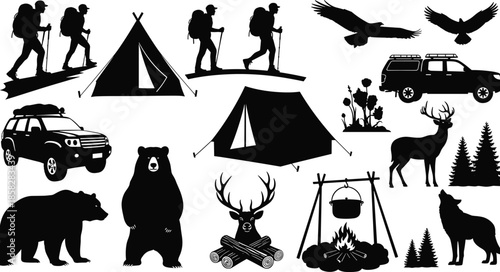 Black silhouettes of camping and outdoor adventure elements