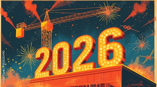 An image depicting a festive scene welcoming the year 2026. The number '2026' is prominently displayed in bright, illuminated lights against a dark, starry night sky. Surrounding the number are vibran