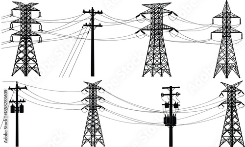 High voltage transmission towers silhouette, electric power lines, utility poles with transformers, energy grid infrastructure, electrical distribution system, and industrial