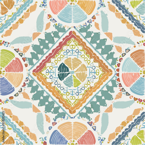 Seamless embroidered pattern. Wavy bohemian print. Patchwork ornament. Vector illustration.