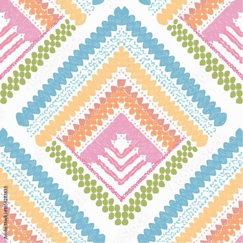 Seamless embroidered pattern. Wavy bohemian print. Patchwork ornament. Vector illustration.